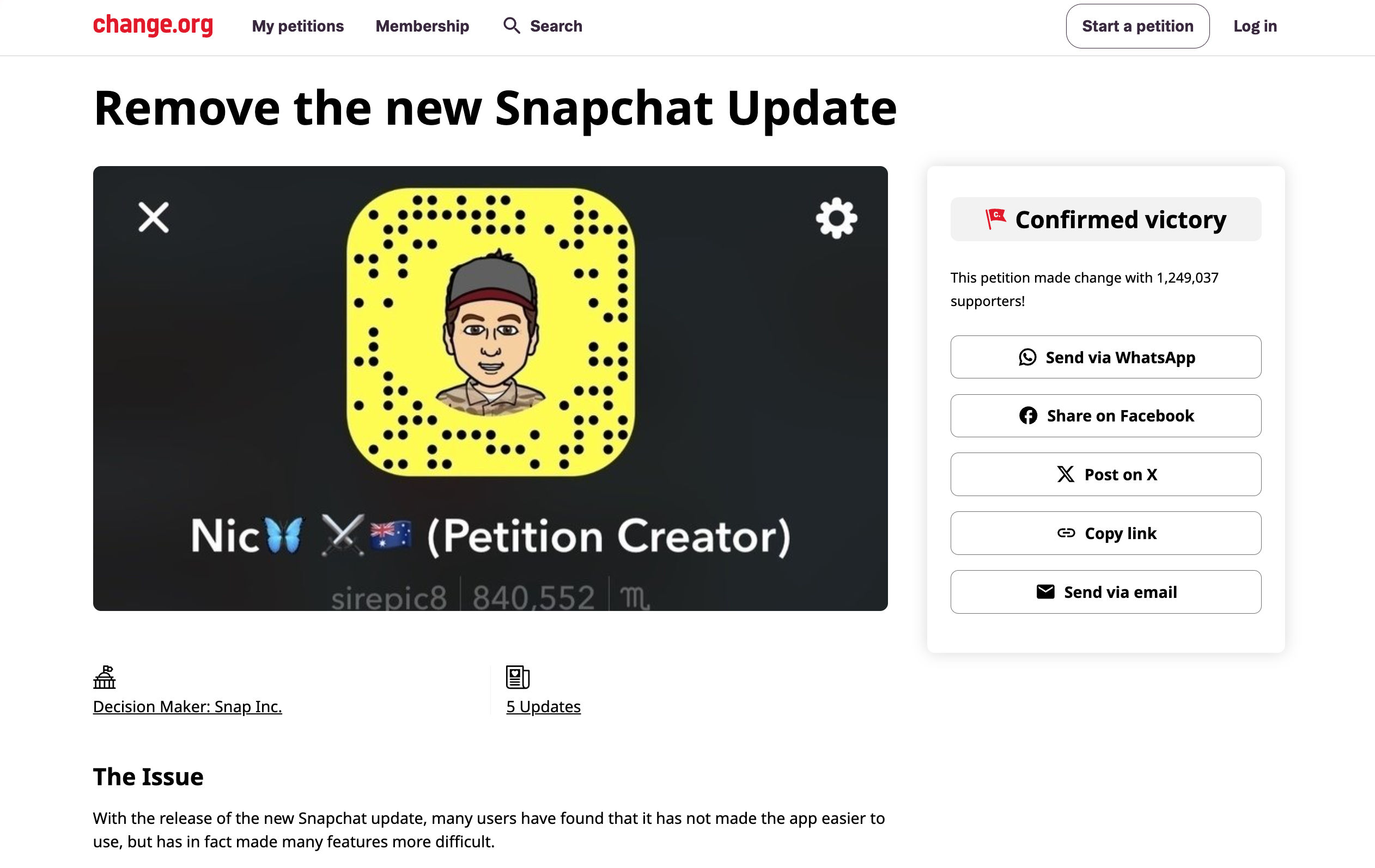 Screenshot of the petition to “Remove the new Snapchat Update” that was victorious with 1,249,037 supporters.